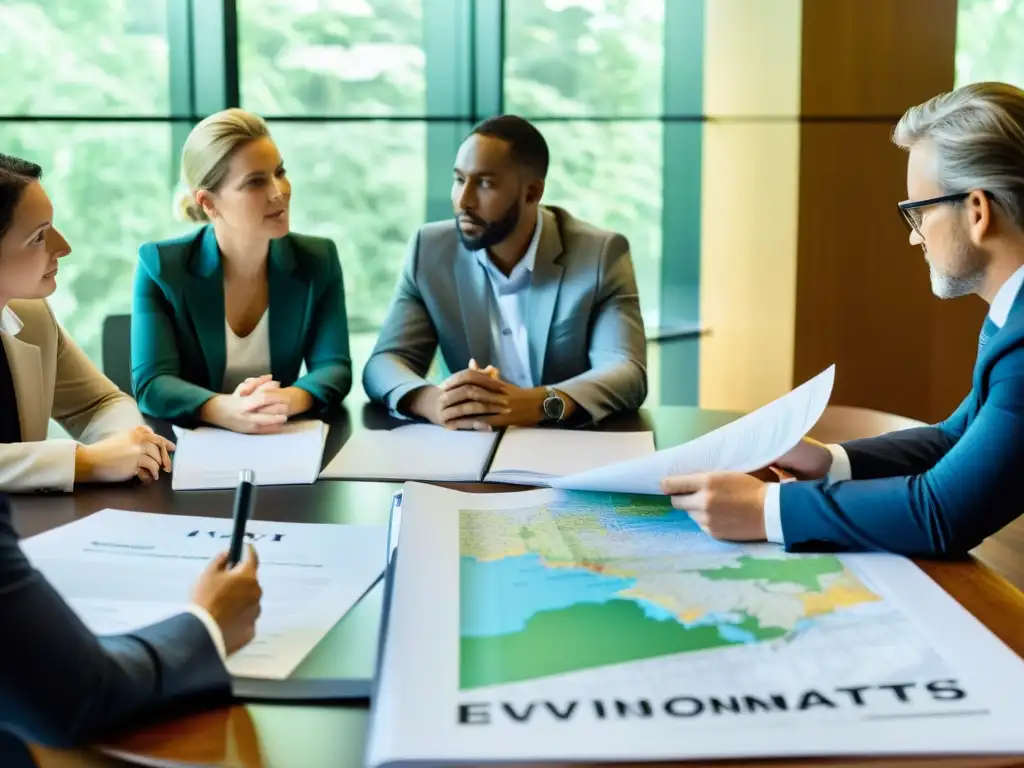 Conferencia legal sobre medio ambiente: pasión y determinación Abogados y activistas medioambientales discuten estrategias legales y documentos en una sala llena de luz natural, demostrando pasión y determinación