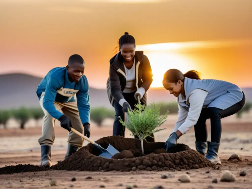 Acciones contra el Cambio Climático en Comunidades Vulnerables: Diversidad plantando árboles al atardecer en un paisaje árido