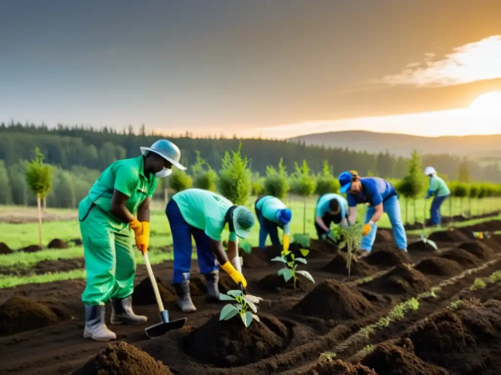 Activistas ambientales plantando árboles al atardecer, con determinación y esperanza