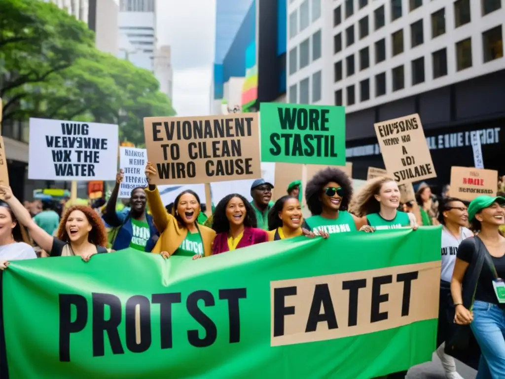 Activistas ambientales con pancartas en la ciudad, exigiendo incidencia en políticas sostenibles para un futuro más verde y justo