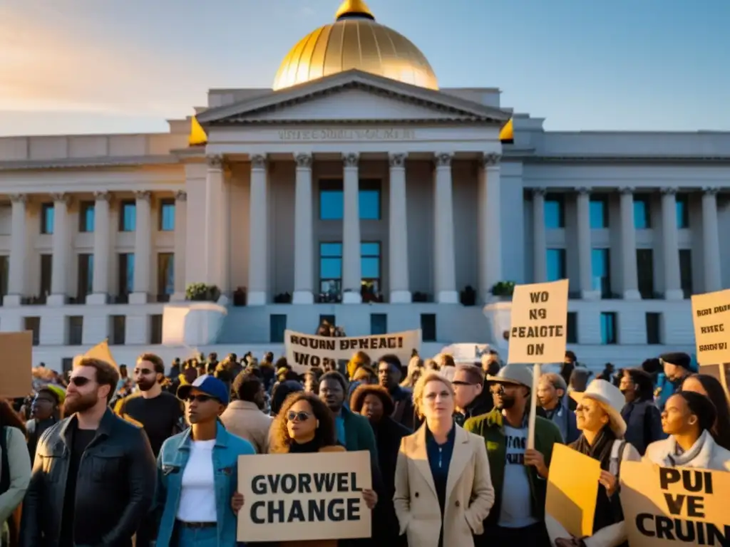 Activistas ambientales en protesta pacífica frente a edificio gubernamental al atardecer, demostrando la influencia de ONGs en políticas ambientales