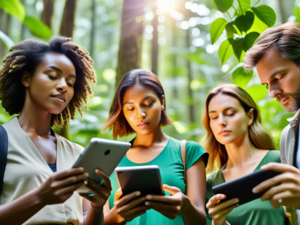 Activistas ambientales usando tecnologías sostenibles para ONGs en un bosque exuberante, rodeados de árboles altos y luz dorada