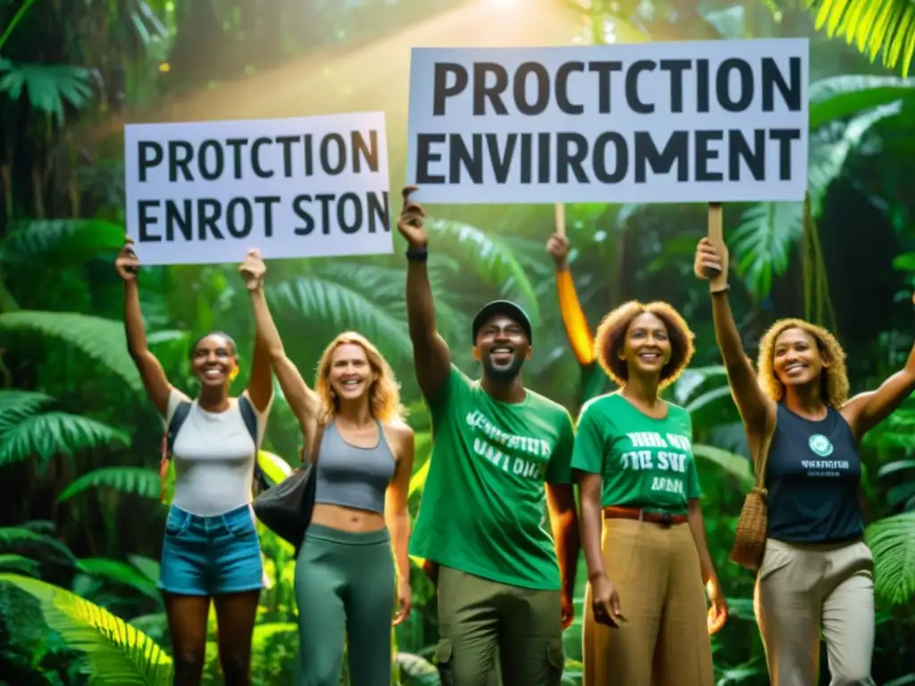 Activistas ambientales unidos en la protección de la naturaleza, destacando la importancia de las ONGs en derecho ambiental