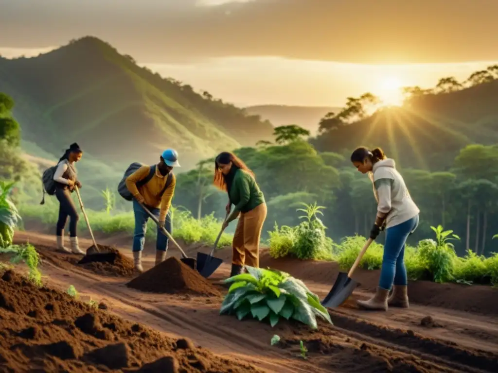 Activistas plantando árboles al atardecer en una zona deforestada, mostrando su compromiso con estrategias sostenibles para ONGs