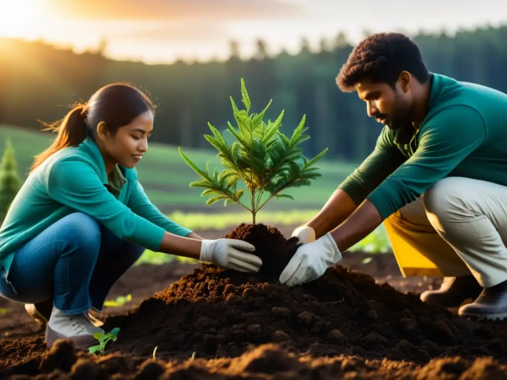 Activistas plantando árboles en zona deforestada, reflejando determinación y pasión