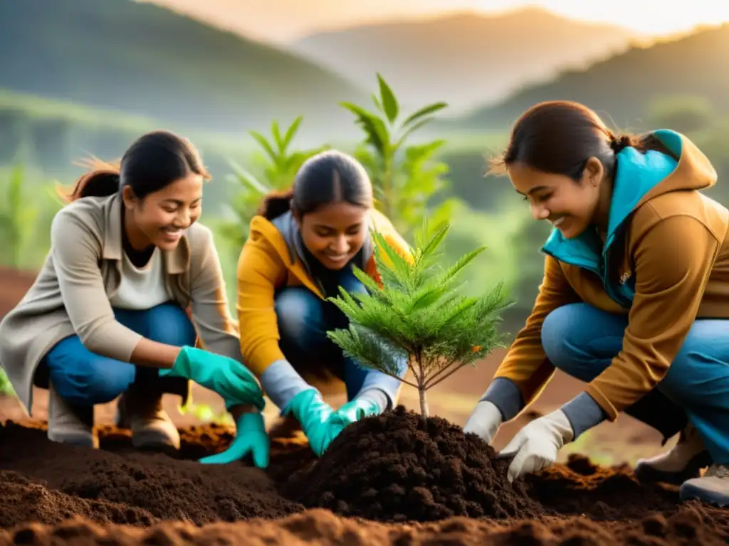 Activistas plantando árboles en zona deforestada, resaltando esfuerzos colaborativos de ONGs en desarrollo sostenible