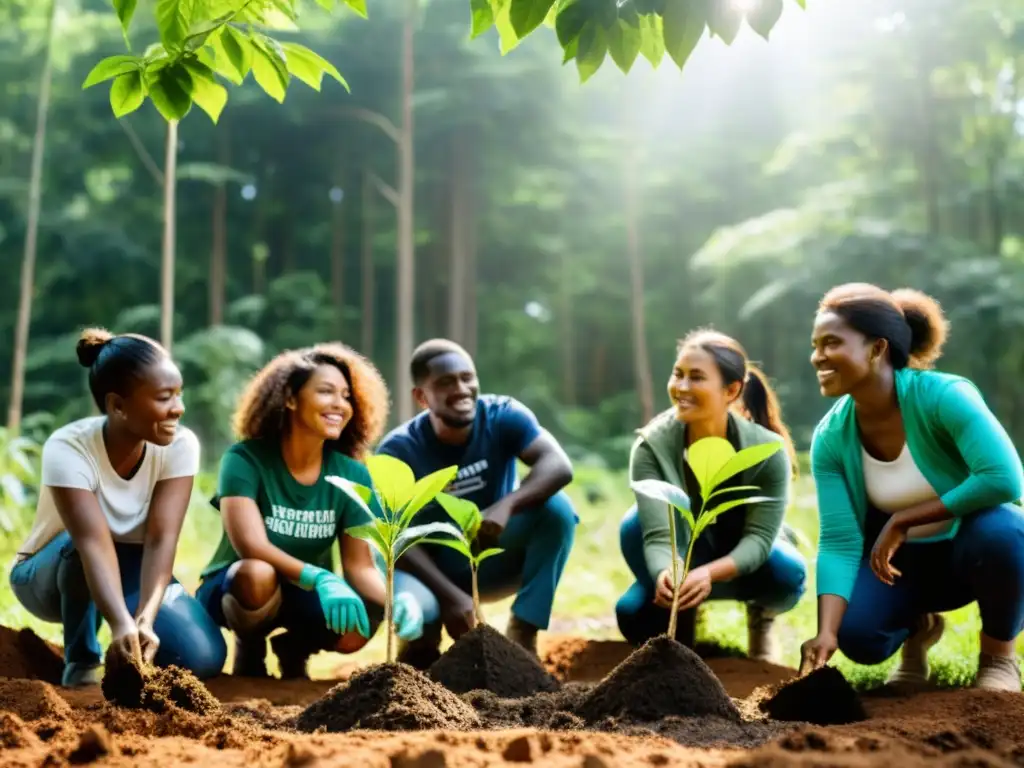 Activistas de ONG plantando árboles en zona deforestada, contrastando con terreno arrasado