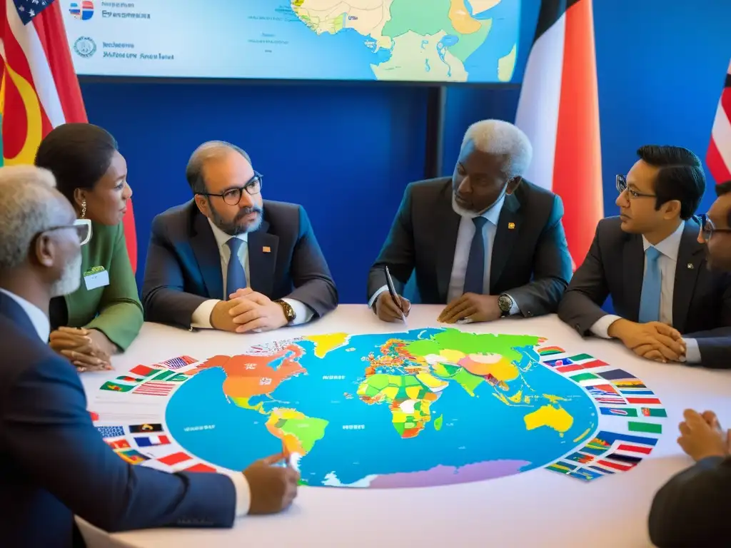 Activistas y diplomáticos discuten en una mesa llena de mapas y banderas, reflejando el rol consultivo de ONGs en tratados internacionales