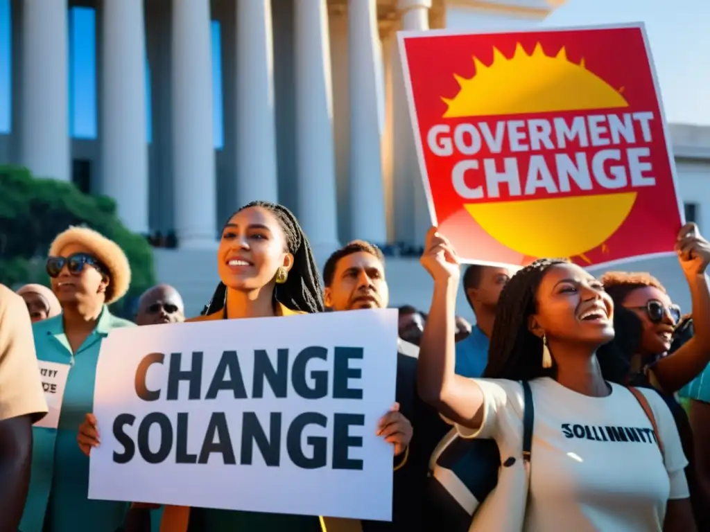 Activistas diversas y apasionadas se reúnen fuera de un edificio gubernamental, sosteniendo pancartas con mensajes poderosos, bajo el sol