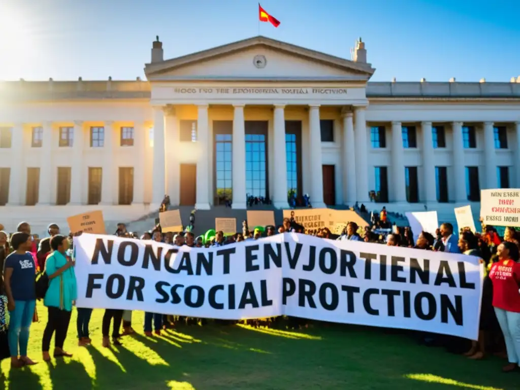 Activistas de ONG se reúnen frente a edificio gubernamental con mensajes poderosos por la protección ambiental, derechos humanos y justicia social