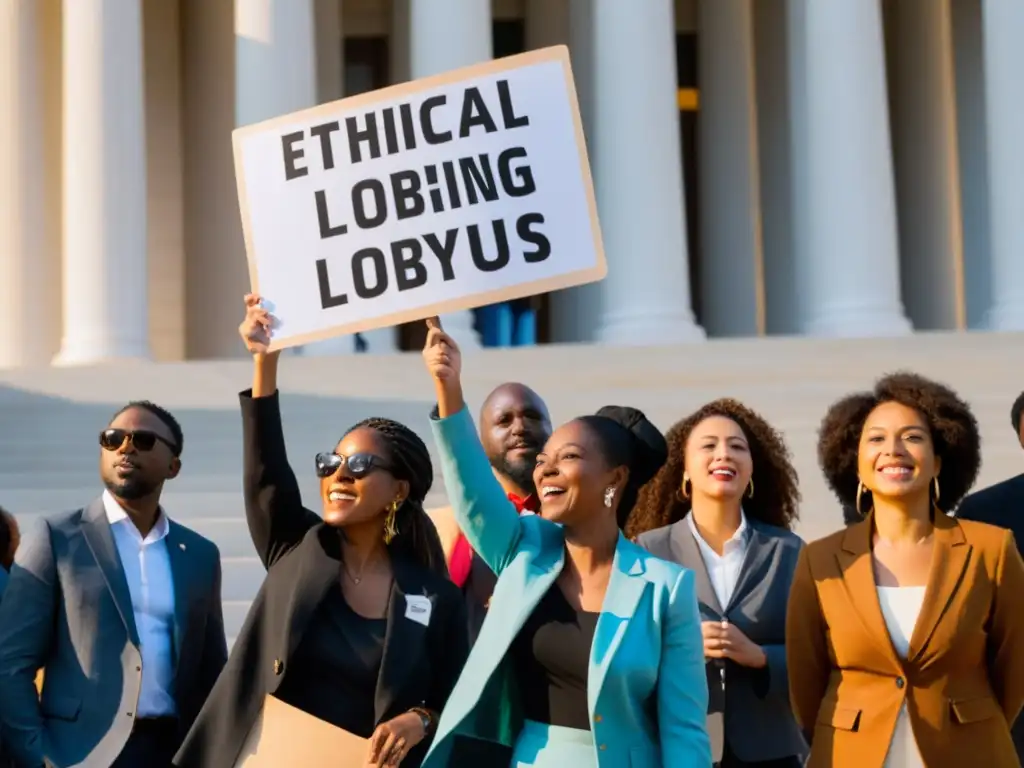 Activistas y lobistas en protesta pacífica por técnicas de lobby ético para ONGs, con mensajes poderosos y determinación