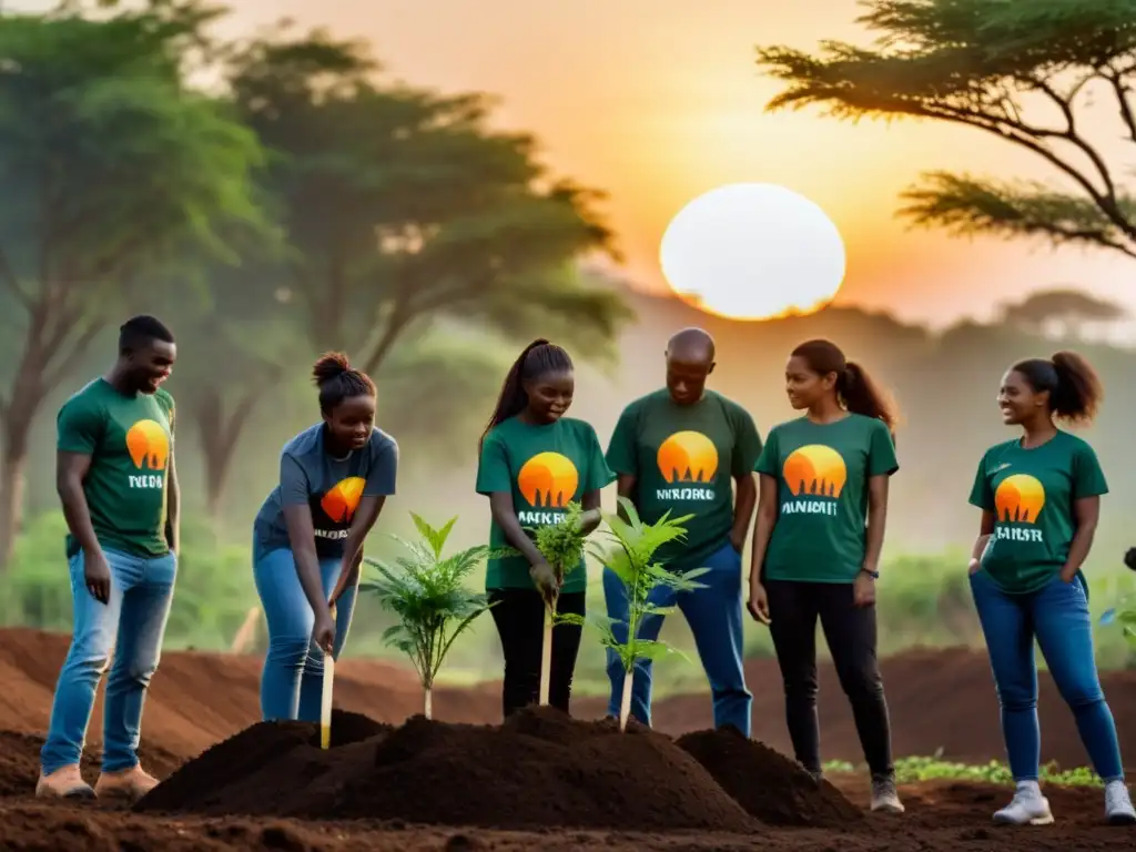 Activistas de ONGs plantando árboles al atardecer, restaurando hábitat natural y calculando huella carbono