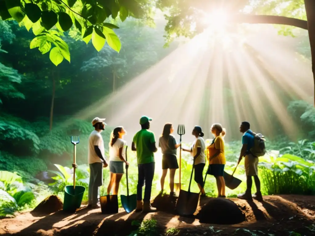 Activistas de diferentes ONGs colaboran en la plantación de árboles y limpieza de un exuberante bosque, proyectando unidad y determinación por el impacto ambiental positivo