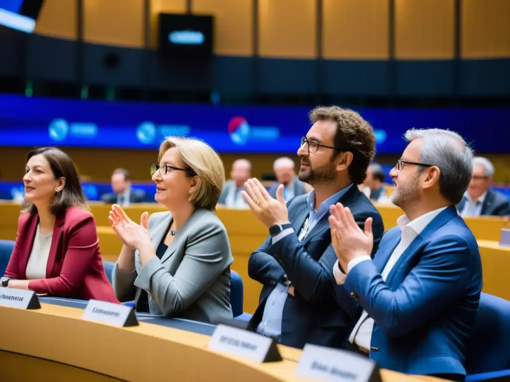 Activistas de ONGs debaten con pasión en el Parlamento Europeo, irradiando determinación y colaboración en estrategias incidencia política ONG UE