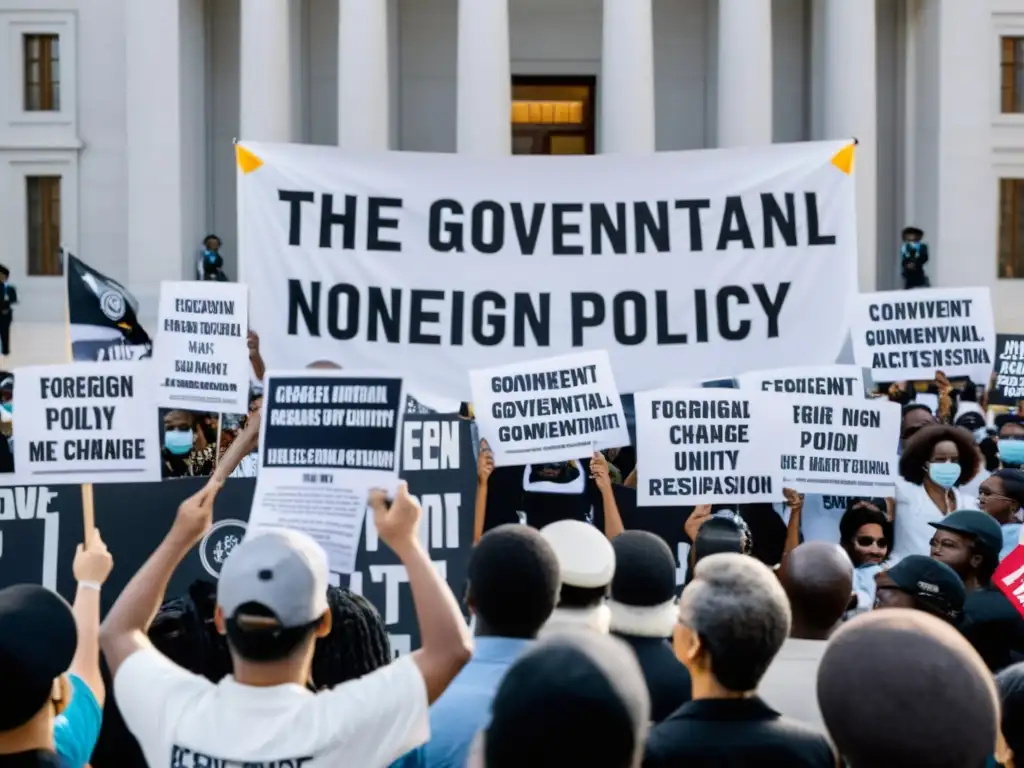 Activistas de ONGs se unen frente a edificio gubernamental en blanco y negro, expresando determinación y unidad