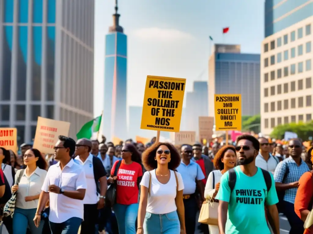 Activistas marchando con pancartas en la ciudad, expresiones determinadas y edificios gubernamentales al fondo