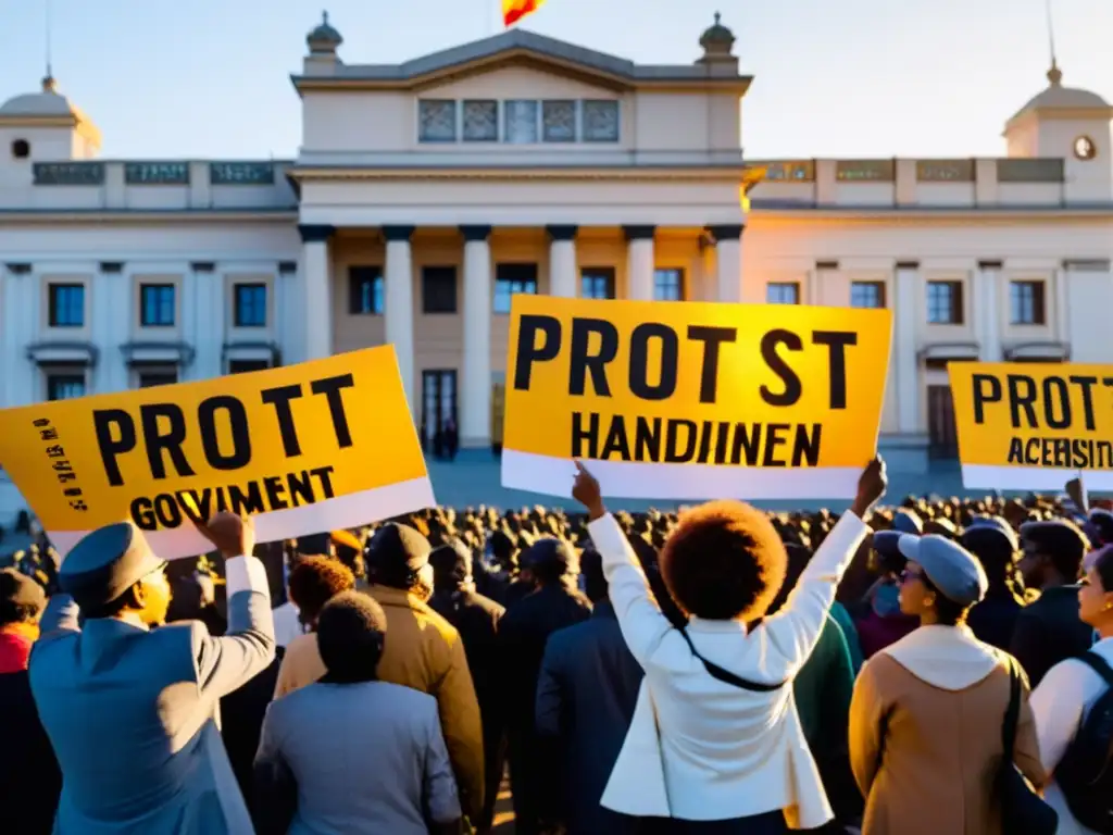 Activistas con pancartas protestan frente a un edificio gubernamental al atardecer