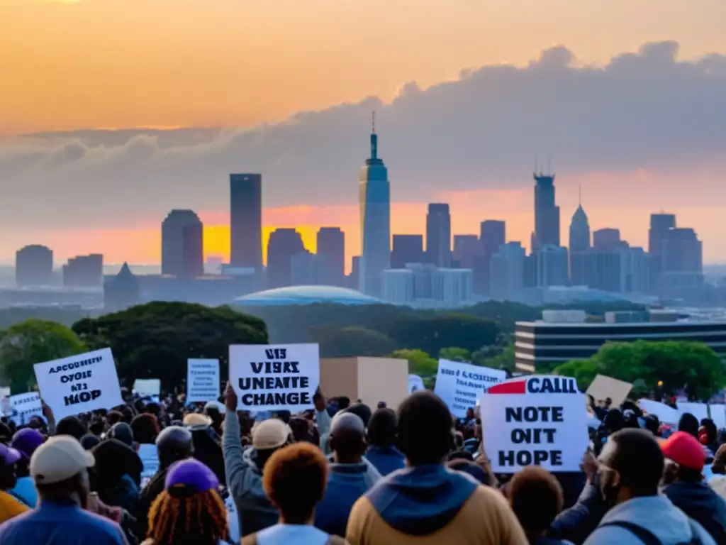 Activistas unidos sostienen pancartas frente a edificio gubernamental en atardecer urbano, mostrando determinación y unidad en estrategias incidencia ONG polarización política