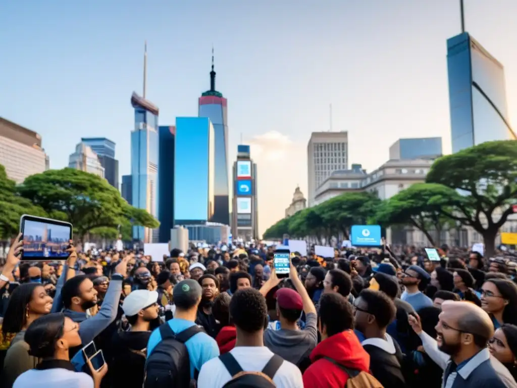 Activistas se reúnen en la plaza de una ciudad, usando redes sociales en smartphones y tablets