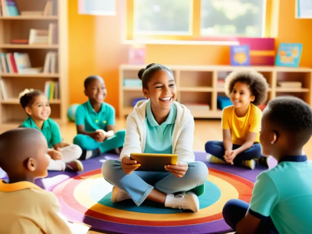 Un alegre grupo de niños disfruta de aplicaciones educativas en una colorida clase, mientras un instructor guía con entusiasmo