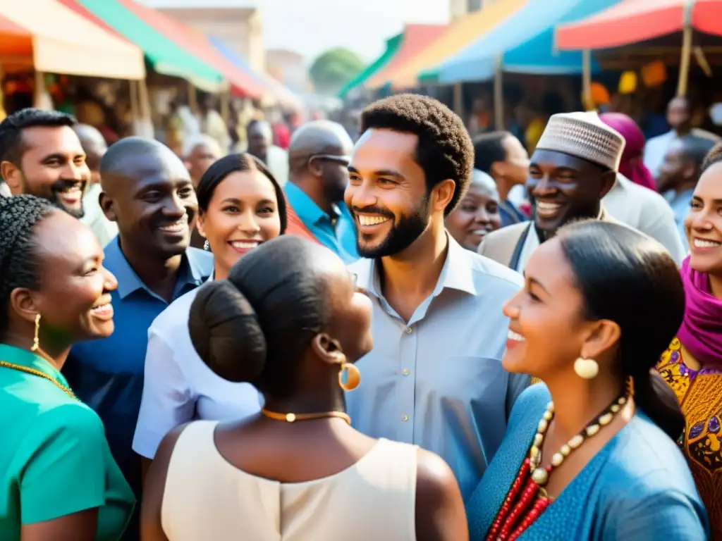 Alianzas internacionales para empoderamiento comunitario: Diversidad y colaboración en un bullicioso mercado, expresando determinación y solidaridad