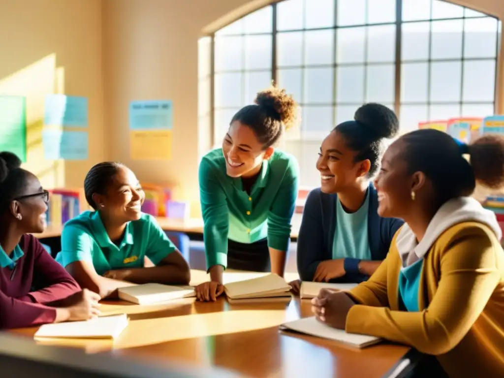 Vibrante diálogo educativo: estudiantes y maestros unidos Alianzas sector educativo ONGs: Estudiantes y profesores colaborando en una animada discusión, en un aula vibrante y acogedora