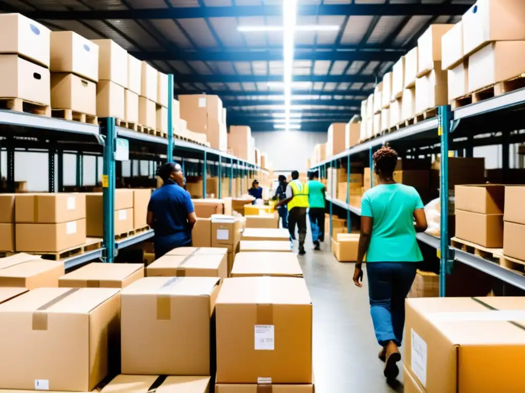 Un almacén bullicioso con estantes organizados y cajas de donaciones