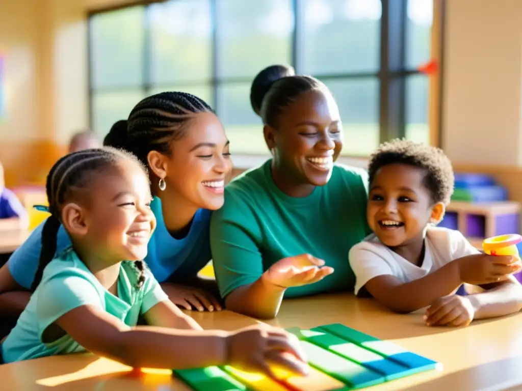 Un ambiente educativo inclusivo y accesible, donde niños con discapacidades juegan y aprenden juntos con el apoyo de educadores y cuidadores