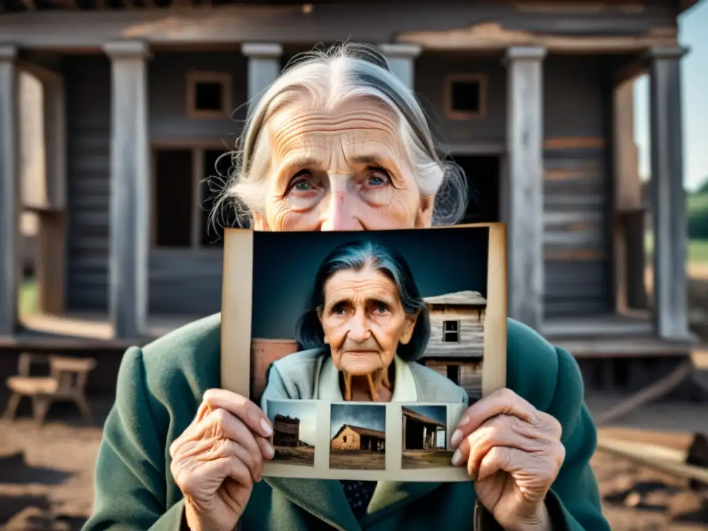 Una anciana sostiene una fotografía desgastada, con ojos que reflejan dolor y resiliencia