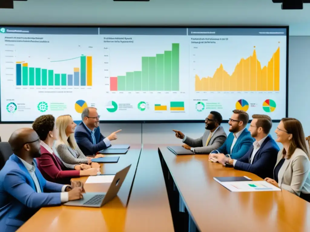 Conferencia inspiradora sobre visualización de datos para el bien social Un animado debate sobre visualización de datos para ONGs en una sala llena de luz natural y colaboración