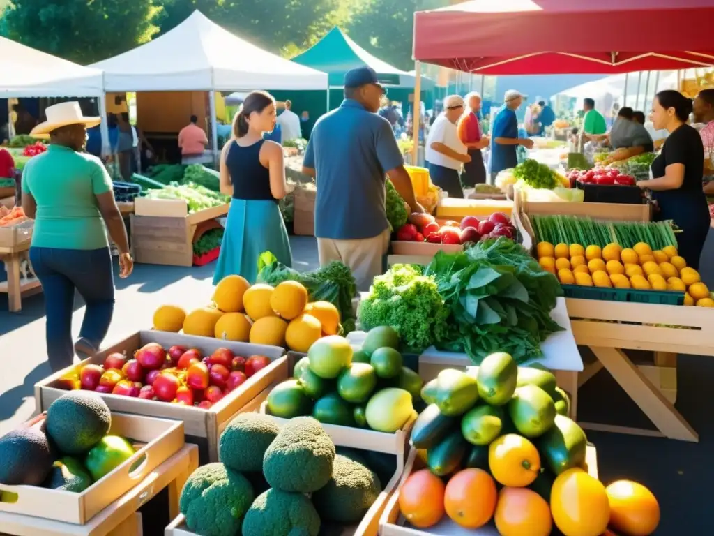 Un animado mercado de agricultores con frutas y verduras coloridas, una atmósfera acogedora y prácticas agrícolas sostenibles