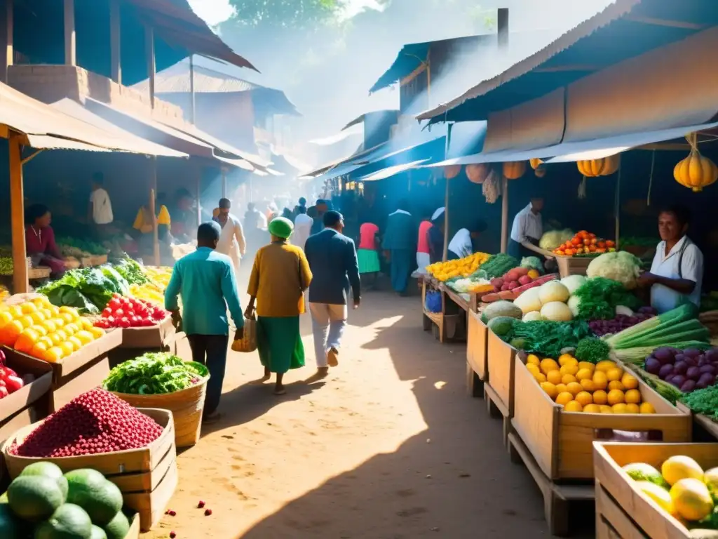 Un animado mercado en un país en desarrollo, con vendedores y clientes interactuando, entre frutas y verduras coloridas