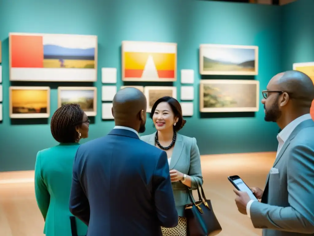 Una apertura de exposición de arte en un museo, con asistentes diversos disfrutando de las obras y participando en diálogos reflexivos