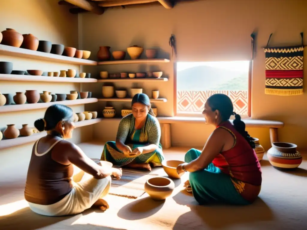 Artesanos indígenas trabajando en proyectos de preservación de identidades, creando artesanías tradicionales rodeados de colores y luz cálida