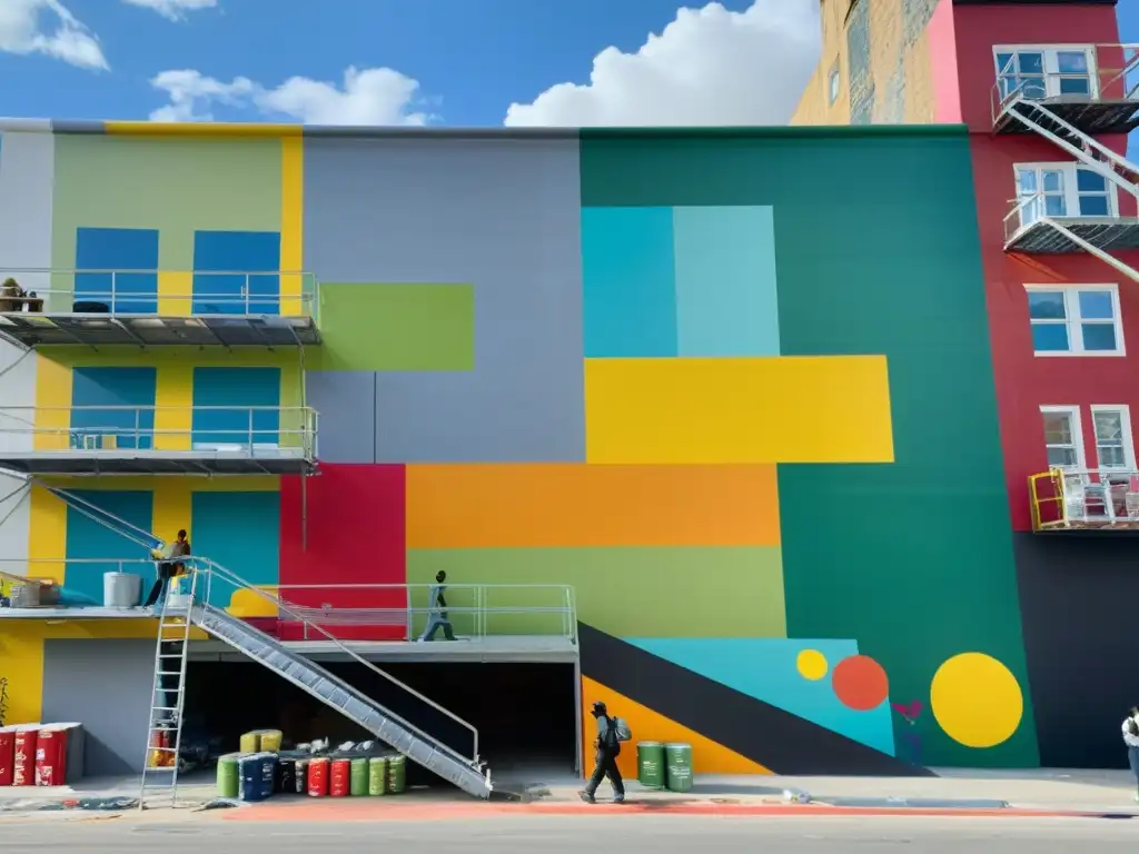 Un artista crea un mural vibrante en la ciudad, rodeado de andamios y latas de pintura