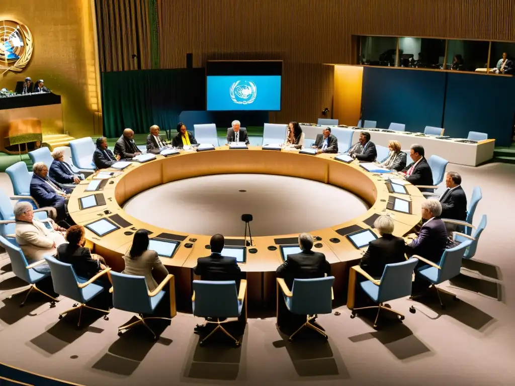 Conferencia de Activistas de Derechos Humanos de la ONU Una atmósfera intensa y esperanzadora en una conferencia de la ONU, donde activistas y abogados de diferentes países discuten y negocian