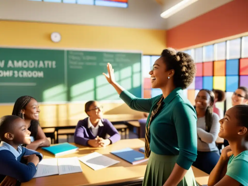 Una aula diversa y dinámica llena de estudiantes comprometidos participando en estrategias efectivas de educación