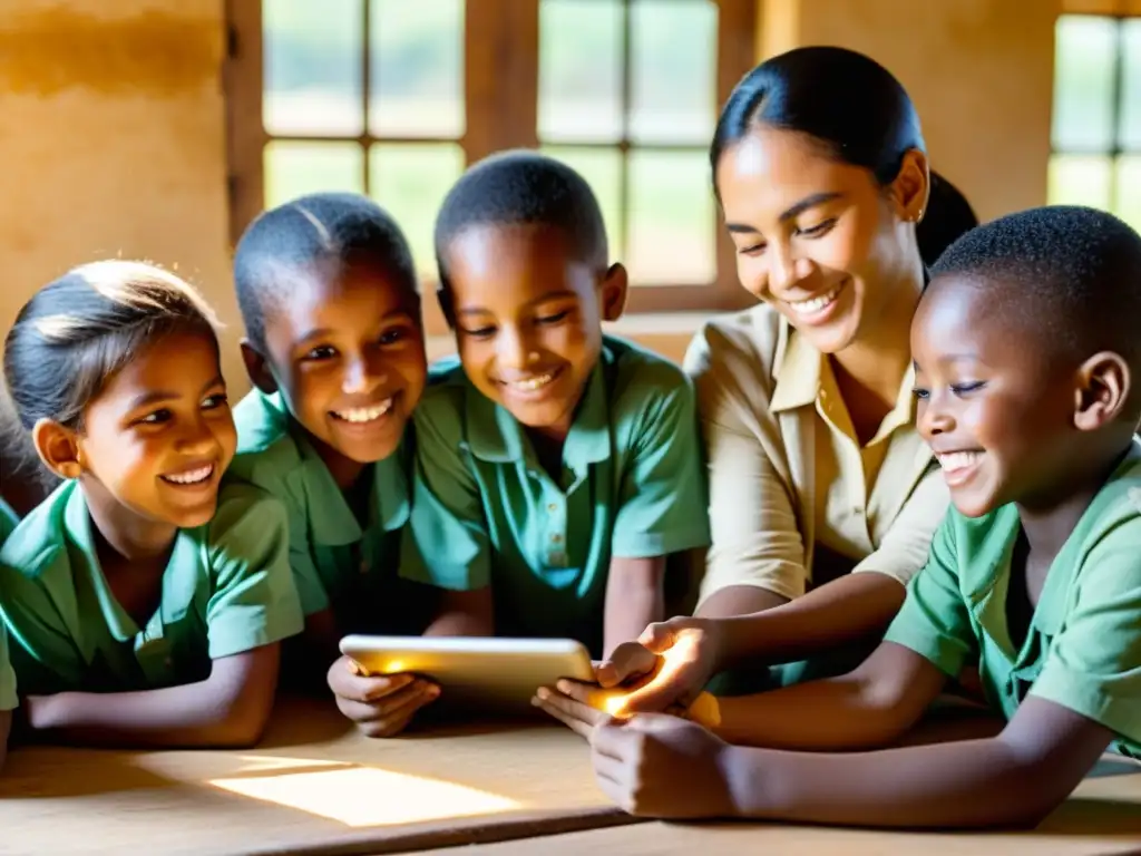 Un aula rural acogedora, niños entusiasmados usan apps educativas para ONGs bajo la cálida luz de la tarde, maestra orgullosa