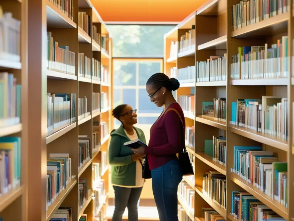 Una biblioteca comunitaria llena de libros coloridos, con luz natural iluminando una animada discusión y un niño seleccionando un libro