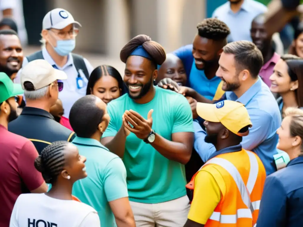 Implementación de blockchain en ONGs: Voluntarios distribuyendo ayuda en comunidad diversa y esperanzada en entorno urbano vibrante