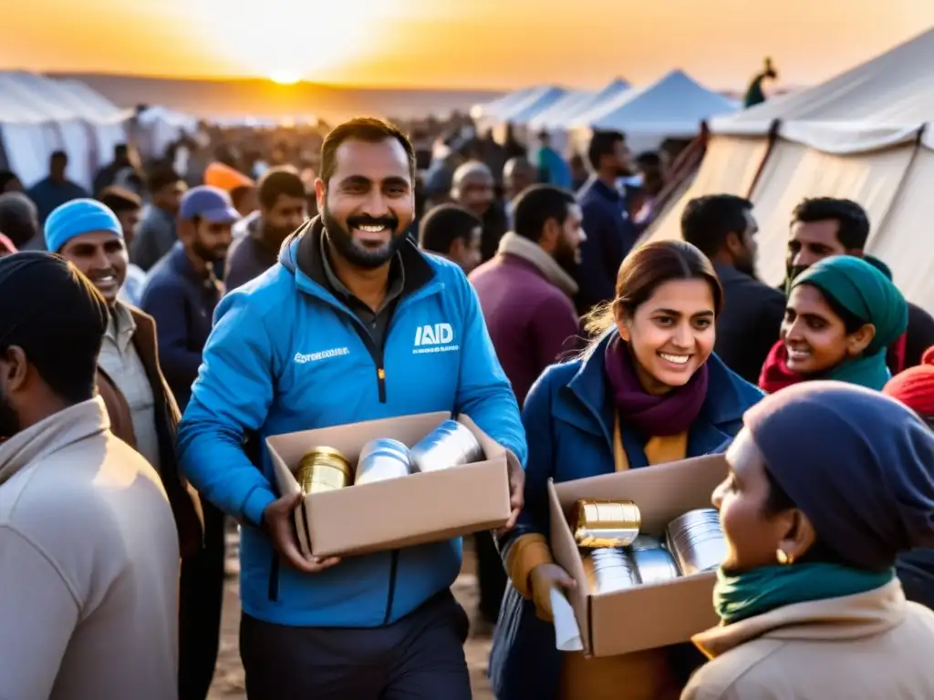 Implementación de blockchain en ONGs: Voluntarios distribuyen ayuda en un campamento de refugiados al atardecer, mostrando solidaridad y esperanza