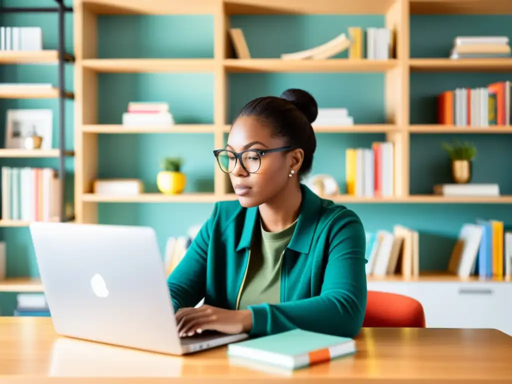 Una blogger concentrada escribe en su laptop en un espacio de trabajo luminoso y organizado con estanterías llenas de libros