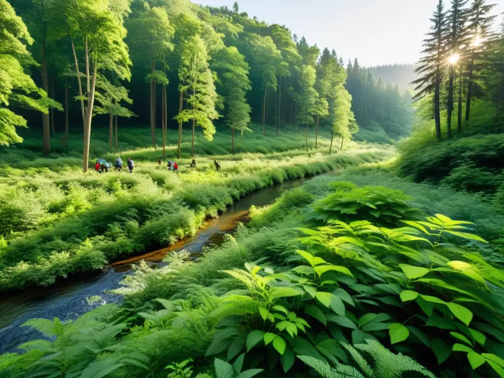 Un bosque exuberante y denso, donde la luz del sol filtra entre los árboles