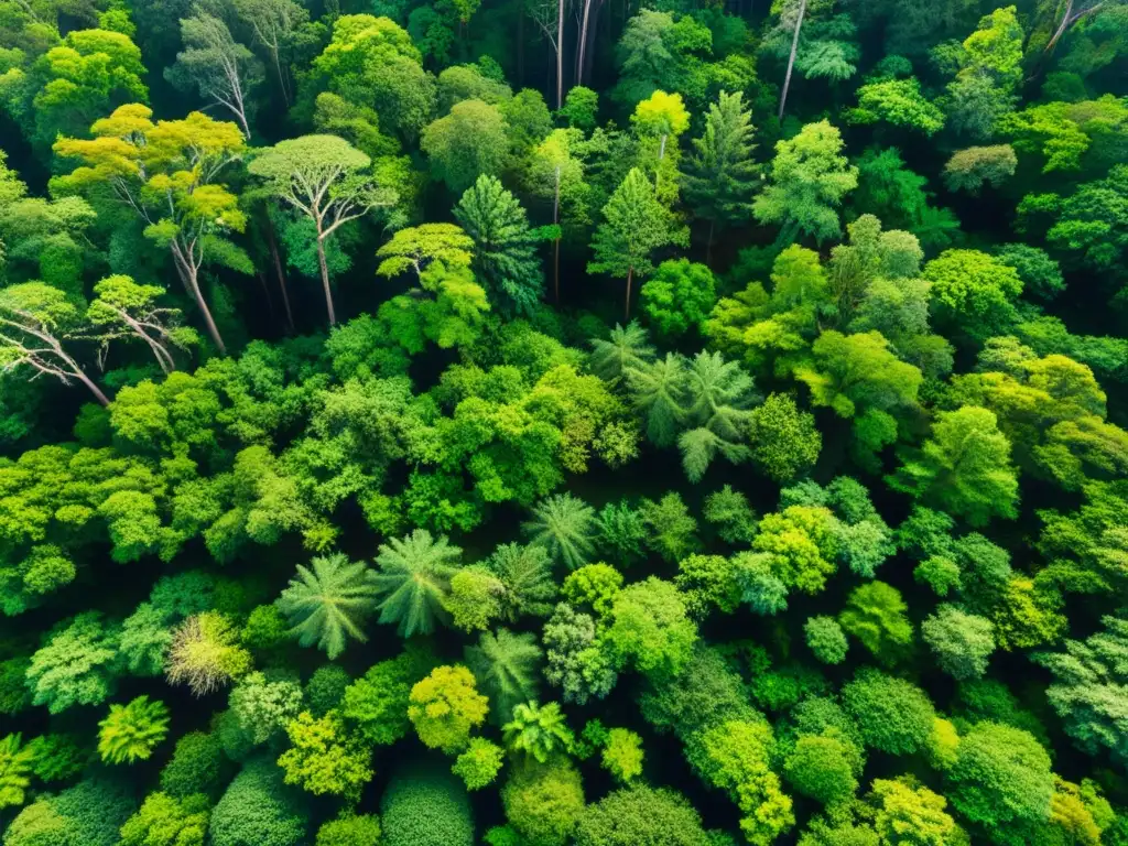 Un bosque exuberante y diverso, con luz solar filtrándose entre el dosel y proyectando sombras en el suelo