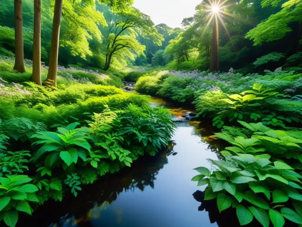 Un bosque exuberante con luz solar filtrándose a través del dosel, creando sombras moteadas en la frondosa vegetación