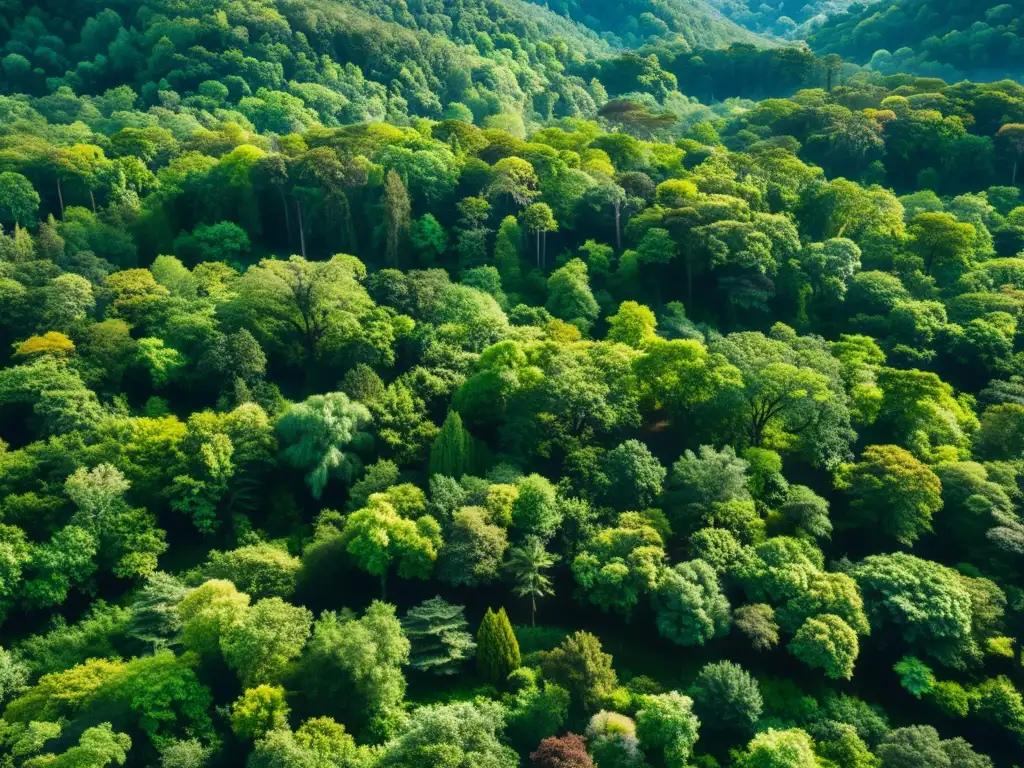 Un bosque exuberante con luz solar filtrándose a través del dosel denso, mostrando la exuberante vegetación y diversidad del ecosistema