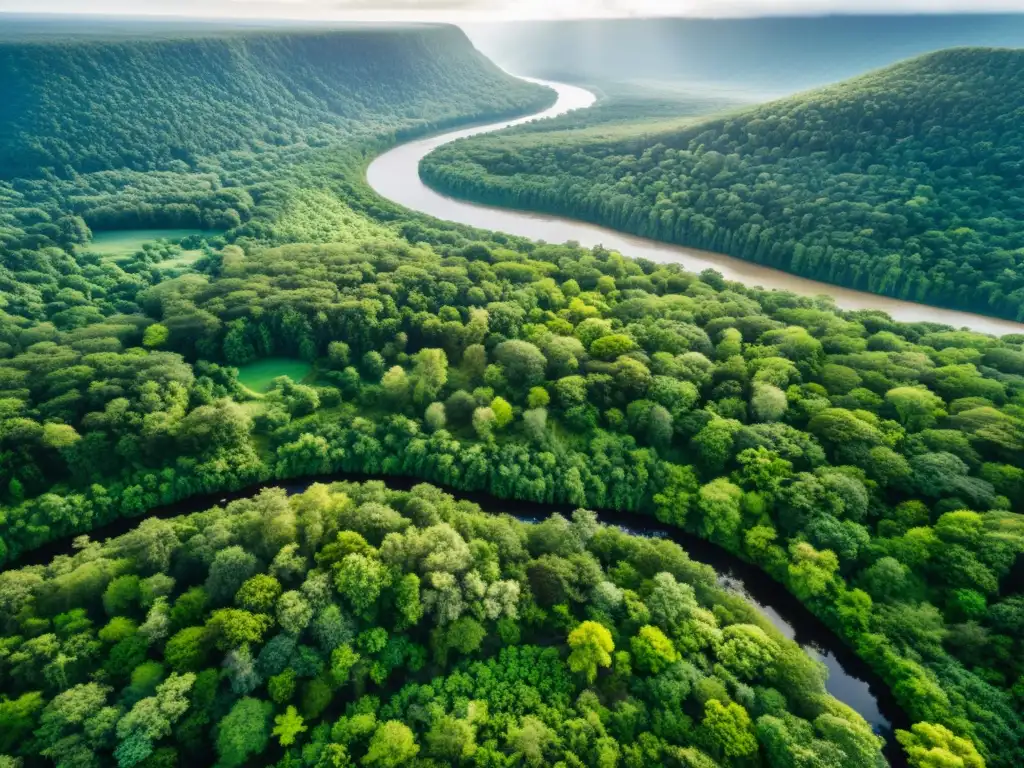 Un bosque exuberante con un río serpenteante muestra la diversidad y belleza natural