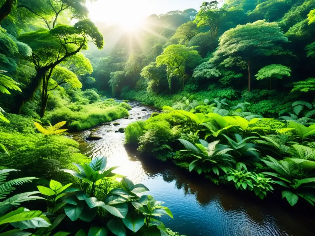 Un bosque exuberante y vibrante, con luz solar filtrándose a través del dosel, resaltando la vida silvestre y la biodiversidad