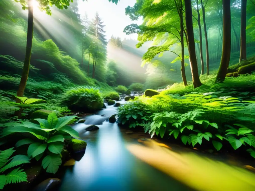 Un bosque sereno y verde con luz solar entre el follaje, destacando la exuberante vegetación y creando una sensación de paz y belleza natural