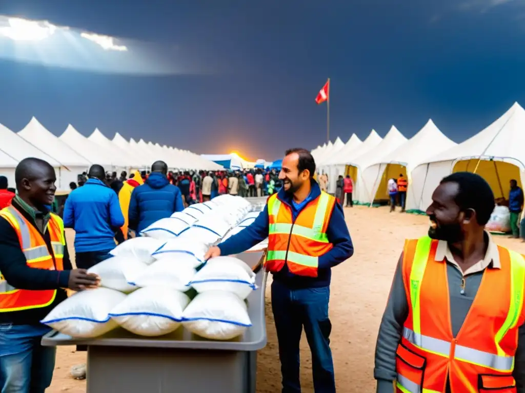 Brillantes gestión efectiva proyectos ayuda humanitaria en campamento de refugiados: trabajadores distribuyen suministros con urgencia y compasión